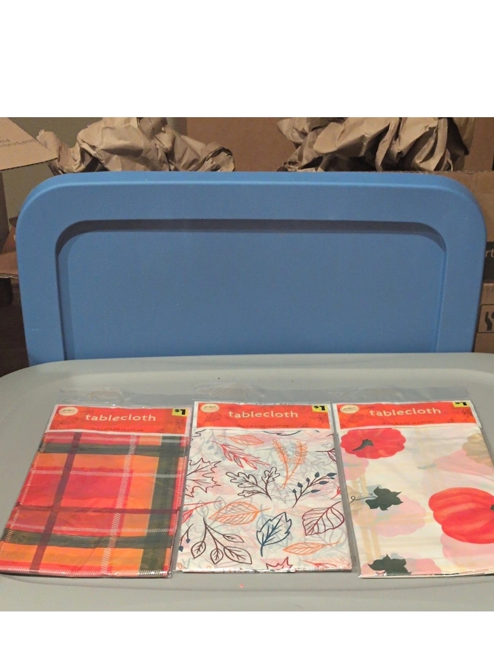 Tablecloth Set with Autumn Plaid, Leaf, and Floral Prints - Blue